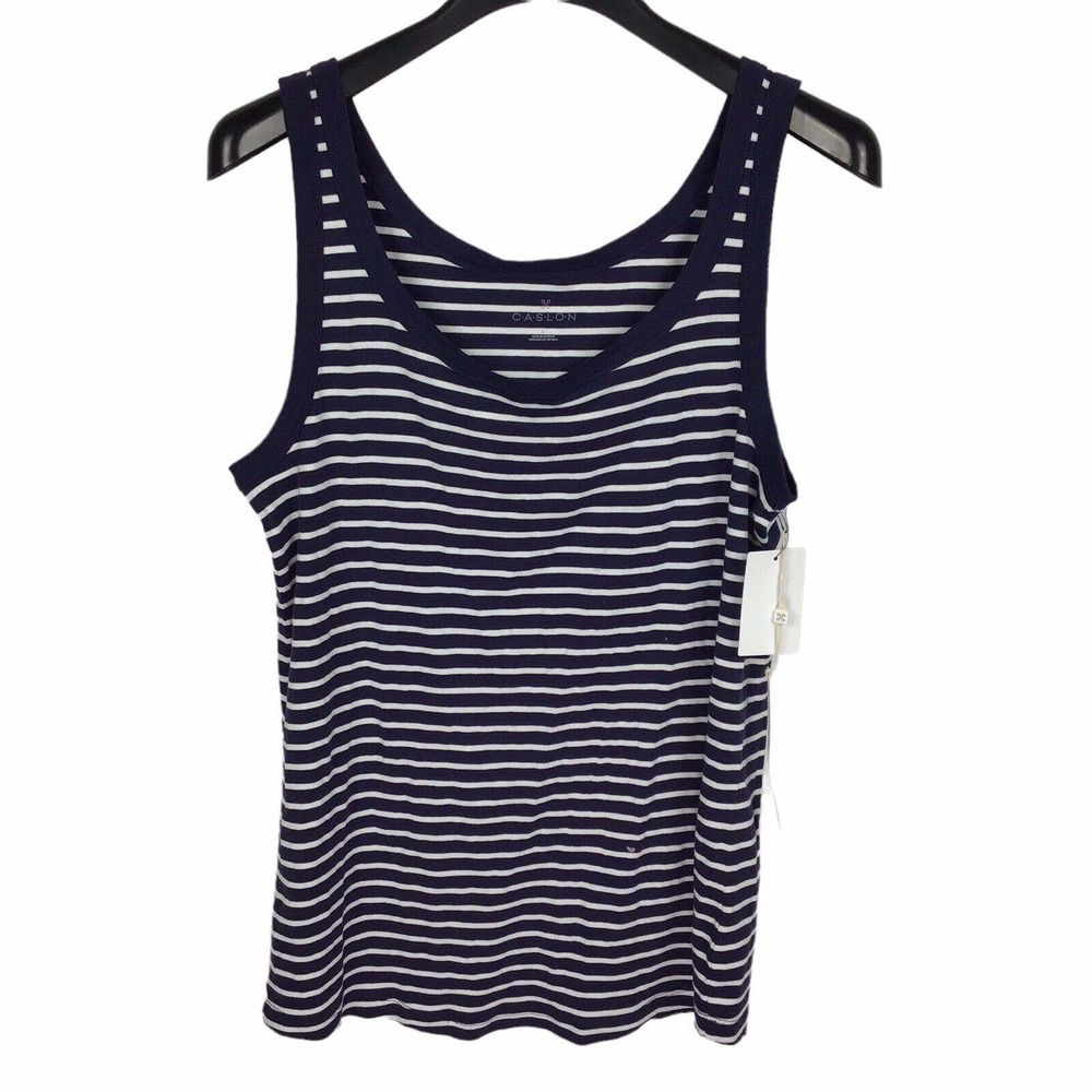 Caslon Melody Navy & White Nina Striped Scoop Neck Tank Cotton Women's Large L - Picture 4 of 6